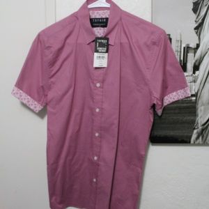 TOPMAN PINK TURN UP GEOMETRIC STRETCH SKINNY SHIRT